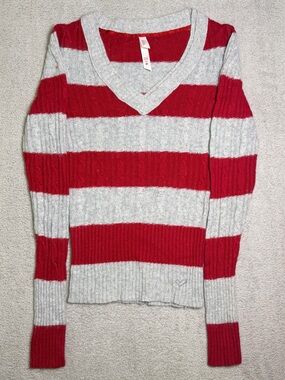 Lilu V Neck Ribbed Sweater Women’s XS Red Gray Striped Cable Knit Y2K Coquette